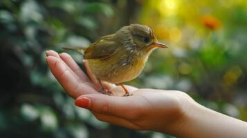 ai generado un pequeño mano alimentación un pájaro, enseñando amabilidad y conexión con todas vivo seres foto
