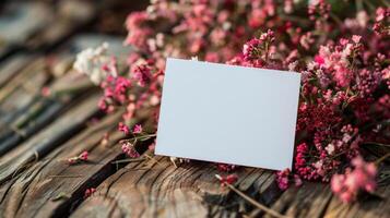 ai generado un blanco tarjeta metido en medio de chamelaucium flores en un de madera antecedentes foto