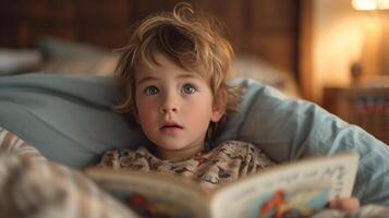 ai generado un joven niño en pijama, atentamente escuchando a un hora de acostarse historia, cautivado por cuentos de aventuras foto