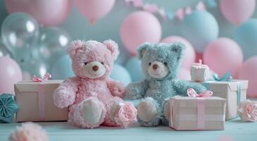 AI generated bears and balloons by a pink background with gift boxes photo