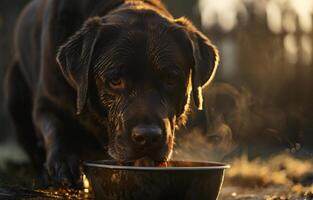 ai generado un perro comiendo desde un cuenco foto