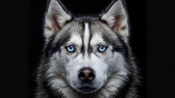 ai generado un majestuoso siberiano fornido mira directamente dentro el cámara, sus sorprendentes azul ojos radiante inteligencia y fuerza foto