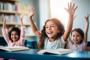 AI generated girls are sitting at desks and raising their hands photo