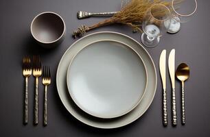AI generated an empty dinner plate, silverware, and candle stand on grey table photo