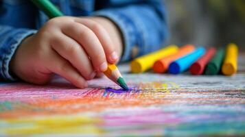 AI generated A small hand holding a crayon, focused on turning a blank page into a colorful masterpiece photo
