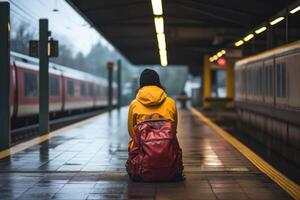 AI generated backpacker sitting at a station in the rain photo