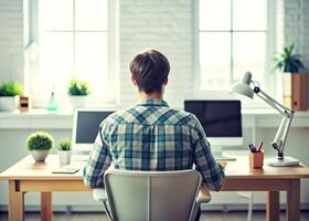 ai generado posterior ver de joven hombre trabajando sentado a el escritorio en creativo oficina foto