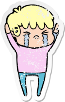 distressed sticker of a cartoon boy crying png
