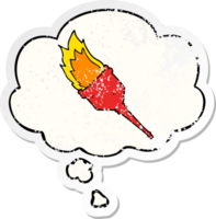 cartoon flaming torch and thought bubble as a distressed worn sticker png