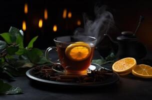 AI generated tea with cinnamon, orange, lemon, herbs and mint photo