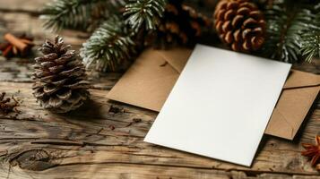 AI generated A white paper card placed on a rustic wooden table, accompanied by a brown envelope and pine cones photo