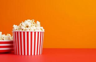 AI generated popcorn in a striped tray and in red box photo