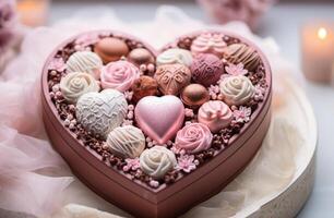 ai generado muchos chocolates son sentado en un rosado corazón forma caja foto