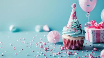 ai generado antecedentes para un cumpleaños fiesta presentando un magdalena foto