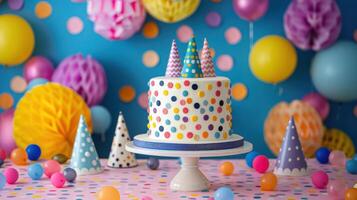 ai generado vibrante cumpleaños celebracion fondo presentando un cumpleaños pastel y fiesta sombreros foto