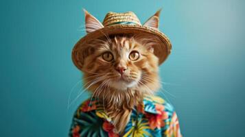 ai generado de moda gato en verano sombrero y hawaiano camisa foto