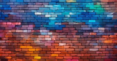 AI generated red brick wall painted in rainbow colors photo