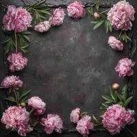 AI generated Peonies in a stunning dark-colored frame. Black floral backdrop photo