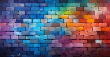 AI generated red brick wall painted in rainbow colors photo