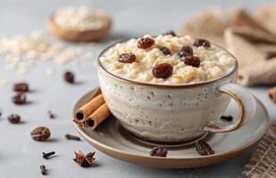 AI generated oatmeal in a cup with cinnamon sticks and raisins photo