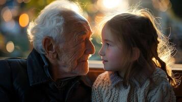 ai generado un tranquilo momento de un niño y un abuelo compartiendo cuentos, puente generaciones foto