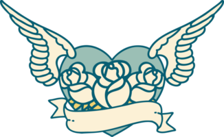 icône de style tatouage d'un coeur volant avec des fleurs et une bannière png