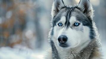 AI generated A majestic Siberian husky looks directly into the camera, its striking blue eyes radiating intelligence and strength photo