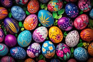 AI generated A festive Easter background, bursting with vibrant colors and cheerful patterns photo