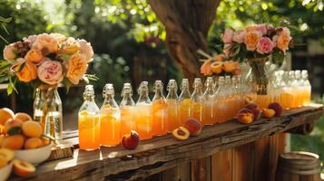 AI generated Creating a charming outdoor beverage station with miniature bottles and freshly made peach lemonade photo