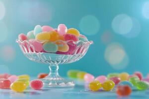 AI generated colorful candies and jellybeans on blue background photo