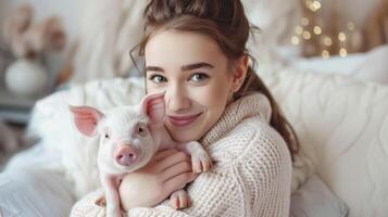 AI generated Young woman cuddling with a piglet photo