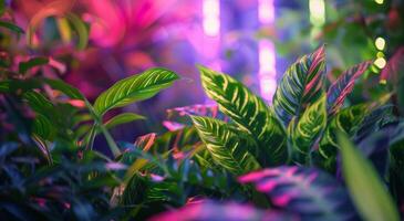 AI generated an indoor garden full of green plants under colored lights photo