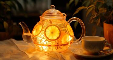 AI generated lemonade teapot with slices of lemon photo