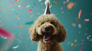 ai generado un alegre y adorable labradoodle perro, poniéndose un fiesta sombrero, es celebrando a un cumpleaños fiesta, con papel picado que cae alrededor, minimalista azul antecedentes foto