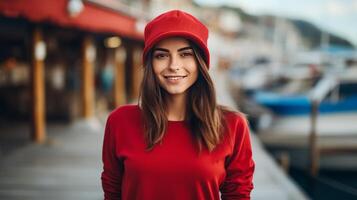 ai generado un joven hermosa mujer en un rojo sombrero, azul blusa y pantalones soportes en el muelle en el Puerto foto