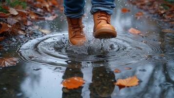 ai generado un alegre salto dentro un charco, celebrando el sencillo placeres de infancia foto