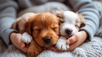 AI generated Adorable puppies snuggled up with their human companions, forming unbreakable bonds of love photo