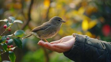 ai generado un pequeño mano alimentación un pájaro, enseñando amabilidad y conexión con todas vivo seres foto