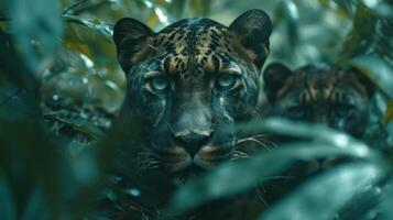 AI generated Enigmatic big cats prowling through dense jungle undergrowth, their stealthy movements a testament to their wild spirit photo