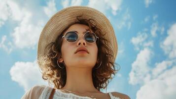 AI generated A glamorous young lady wearing a stylish hat and sunglasses striking a pose against the sky photo