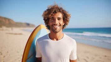 AI generated A cheerful man with curly hair stands by the ocean, holding a surfboard with a smile on his face. photo