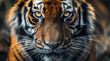 AI generated Intense close-up of a wild tiger's piercing gaze, exuding power and grace photo