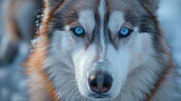 ai generado un majestuoso siberiano fornido mira directamente dentro el cámara, sus sorprendentes azul ojos radiante inteligencia y fuerza foto