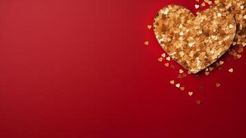 AI generated Golden confetti in the shape of a heart lie on the left on a minimalistic red background with large copyspace area photo