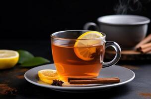 ai generado un taza de canela té en un negro antecedentes con canela palos y rebanadas de limón y naranja foto