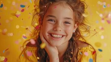 ai generado alegre joven niña celebrando con papel picado foto