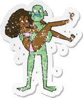 retro distressed sticker of a cartoon swamp monster carrying woman in bikini png