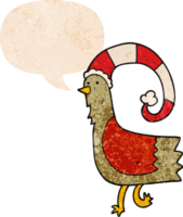 pollo de dibujos animados con un divertido sombrero de navidad y una burbuja de habla al estilo retro texturizado png