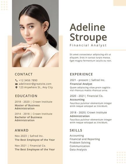 Cream Minimalist Financial Analyst Resume
