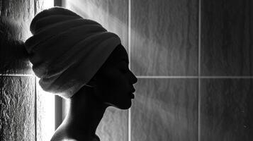 AI generated A woman's silhouette, wrapped in a towel, in a sauna photo